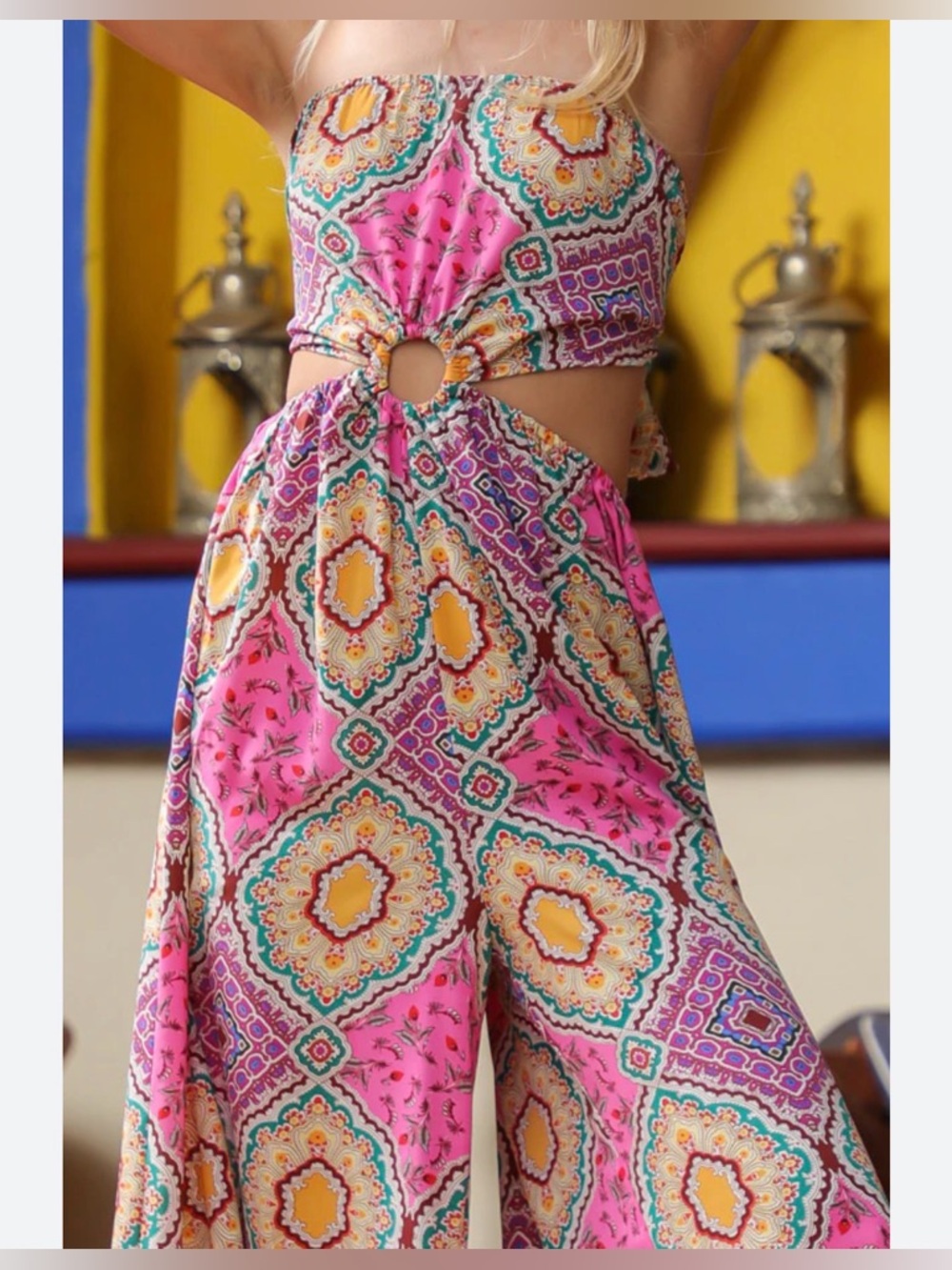 Pink Cutout Strapless Boho Jumpsuit